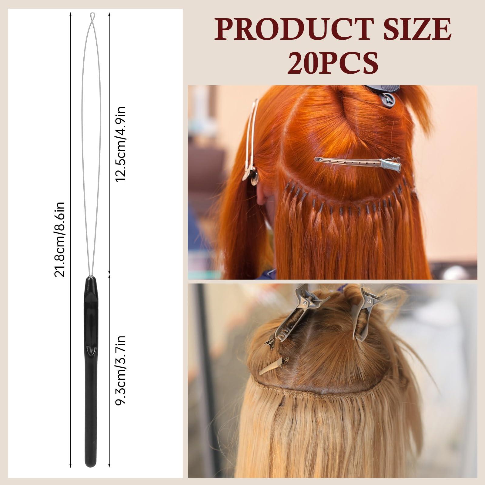 KALIONE 20Pcs Hair Extension Loop Needle Threader Pulling Hook Tool Wire Pulling Hook Tool for Hair Extension, Black Loop Threader for Hair Feather, Bead and Hair Extensions Loop Tools