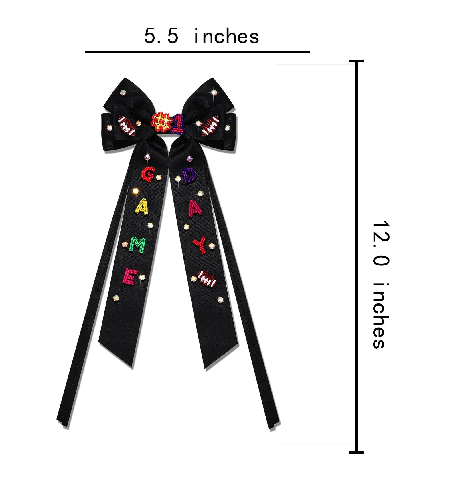 boderier Boderier Game Day Accessories Hair Bows for Women Football Hair Bow Clip Long Tail Satin Ribbon Bow Barrette Hair Clip Sports Fan Hair Accessories Beaded GAME DAY Black