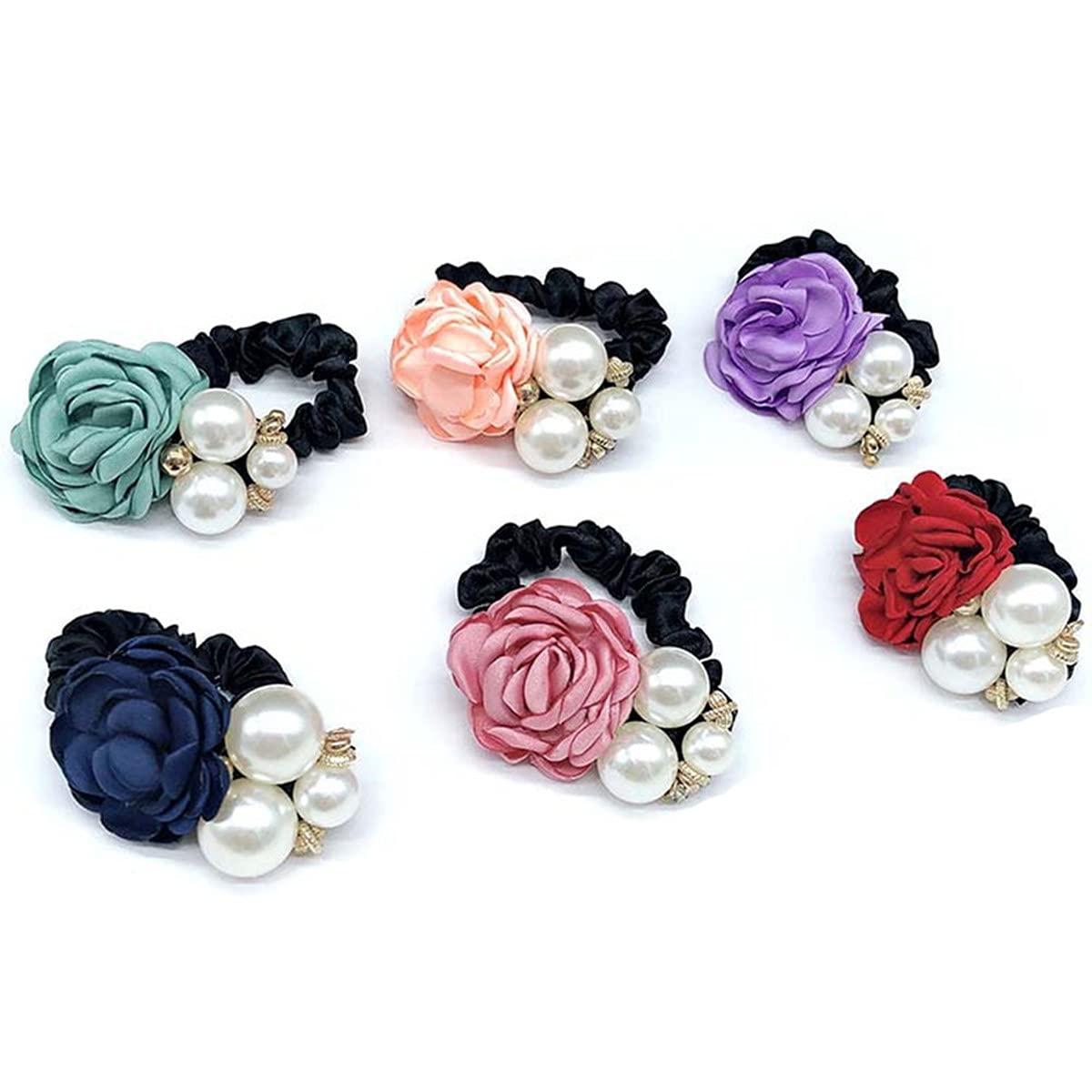 FXBLING FXBLING Fashion Flower Hair Ties Hair Rope Rhinestone Pearl Hair Tie Accessories for Women and Girls, Fashion Ponytail Holders Hair Scrunchies for Thick and Thin Hair, Pack of 4