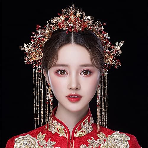 Getrelax Getrelax Chinese Wedding Bride Hair Accessory Chinese Crown Wedding Hair Accessories Red Flower Floral Beaded Flapper Headband Jeweled Bridal Wedding Tiara