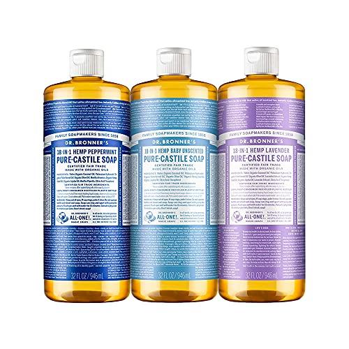 Dr. Bronner's Dr. Bronner's - Pure-Castile Liquid Soap (32 Ounce Variety 3-Pack) Peppermint, Baby Unscented, Lavender - Made with Organic Oils, 18-in-1 Uses: Face, Body, Hair, Laundry, Concentrated, Vegan