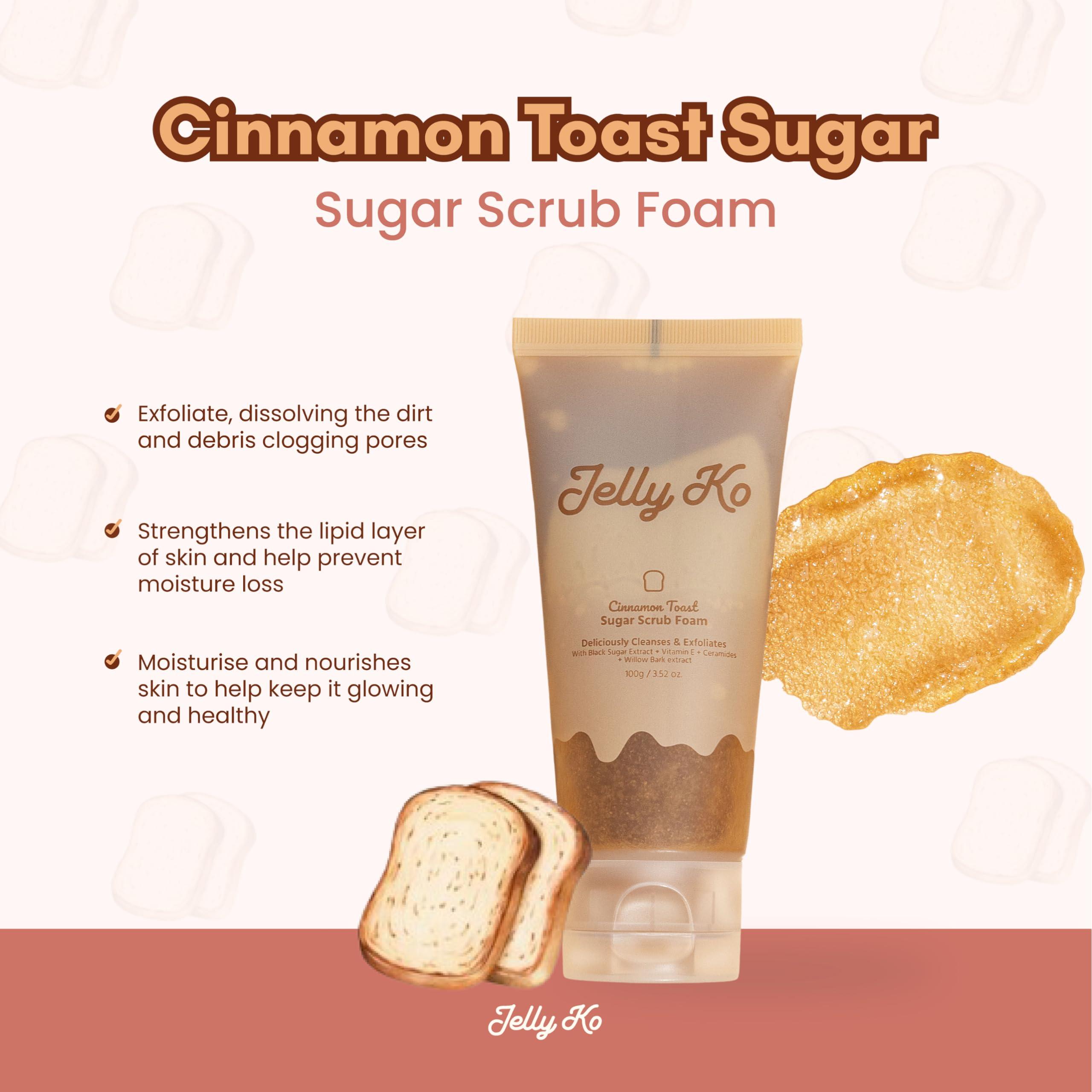 Jelly Ko Jelly Ko Cinnamon Toast Sugar Scrub Foam (3.52oz) - K-Beauty - 4-in-1 Cleanser, Exfoliator, Lip Scrub & Body Scrub - Cruelty Free - Oily, Acne-Prone & Combination Skin - Pore Cleanser