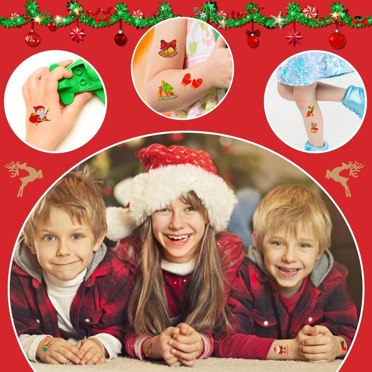 PARTYWIND Partywind Kids Christmas Party Supplies, 50 Styles Individually Cut Temporary Tattoos for Christmas Stocking Stuffers, Christmas Holiday Party Decorations with Santa/Snowman/Snowflake