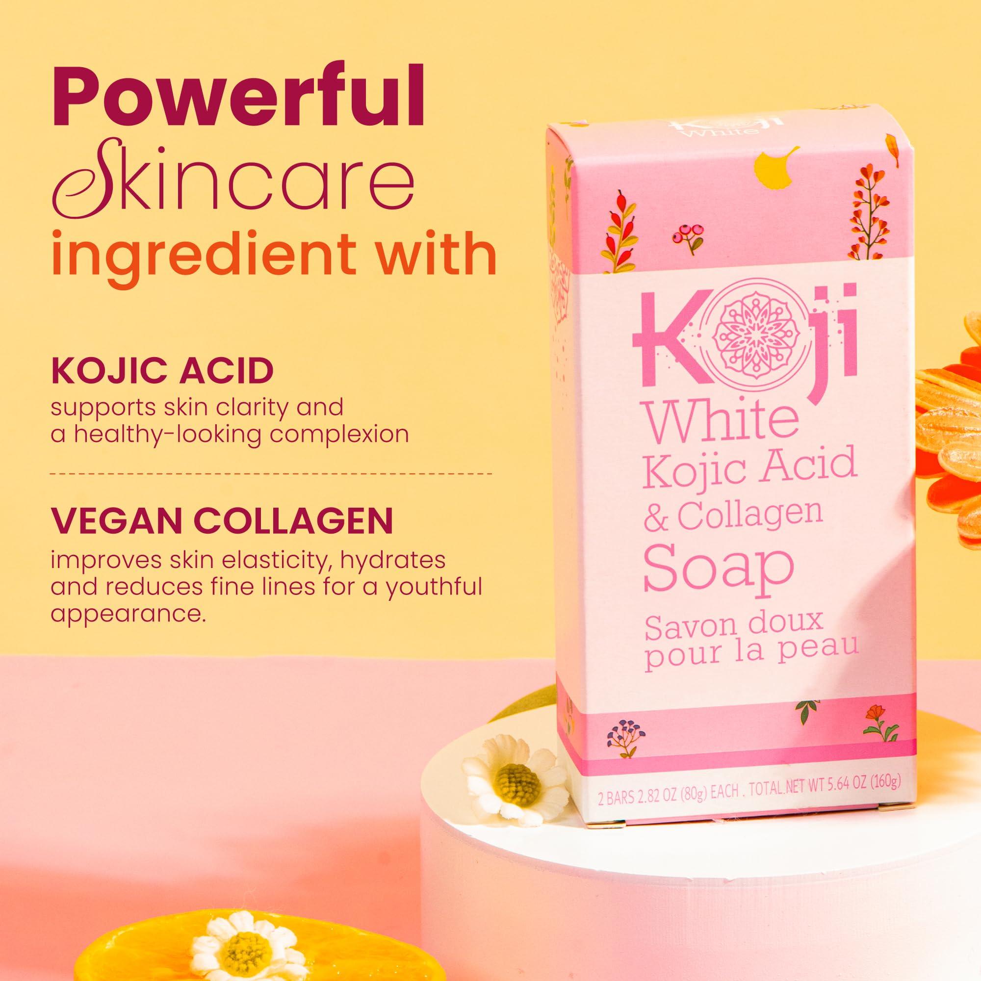 Koji White Koji White Kojic Acid & Collagen Skin Brightening Soap for Face & Natural Glowing Skin - Moisturizer, Body Cleansing Bar, Reduce the Appearance of Wrinkles, Vegan, Paraben-Free, 2.82 oz (2 Bars)