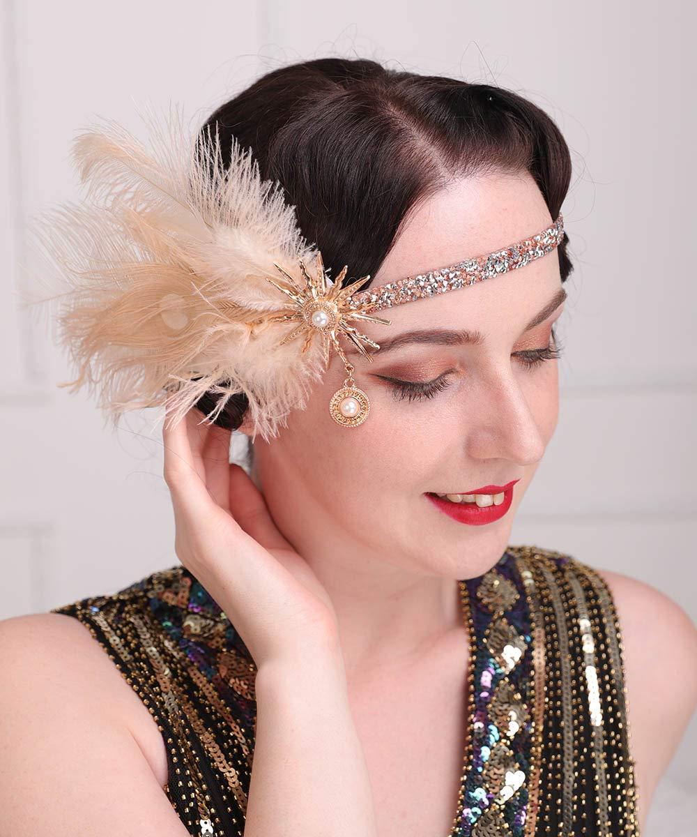 Aimimier Aimimier 1920s Flapper Feather Headband Champagne Feather Headpiece with Rhinestone Head Chain Hair Accessories for Women