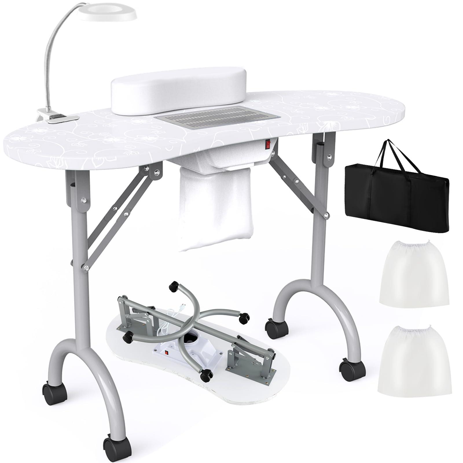 WELLHUT WELLHUT Nail Table All-in-One Manicure Desk w/Electric Dust Collector, LED Nail Lamp, Carry Bag & Wrist Cushion, Mobile Nail Desks w/Universal Mute Wheels for Manicurists Home Spa Beauty Salon