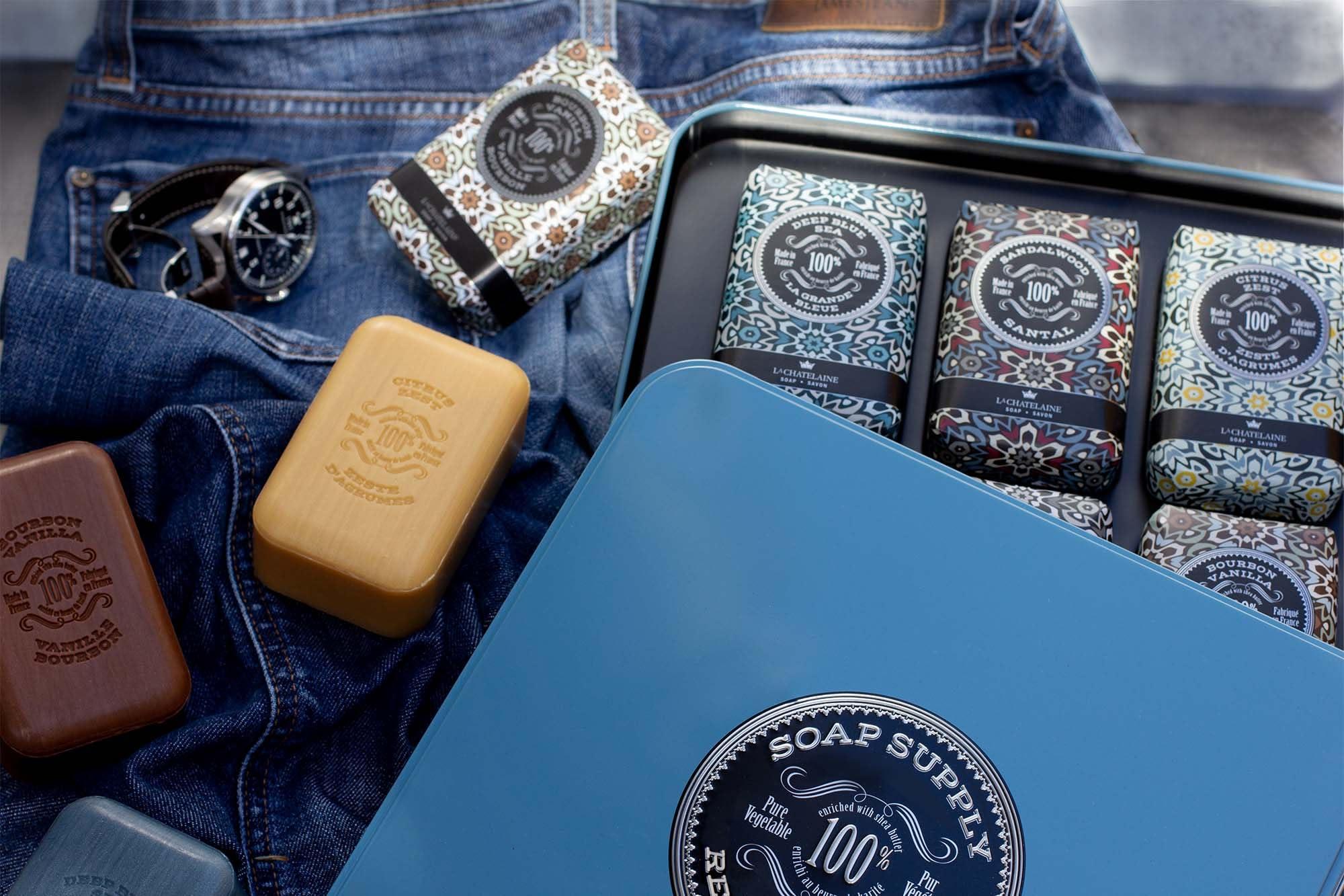 La Chatelaine La Chatelaine Soap Supply Tin Gift Set |Unisex, Men, Women| Plant-based shea butter bar soaps | Made in France | Natural and Organic | Large soap bars | Set of 6, 8.8 oz./250g bars - Gray Mosaic