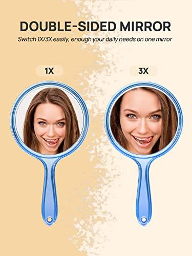 OMIRO OMIRO Hand Mirror, Double-Sided Handheld Mirror 1X/3X Magnifying Mirror with Handle, Pack of 1 (Transparent Blue)