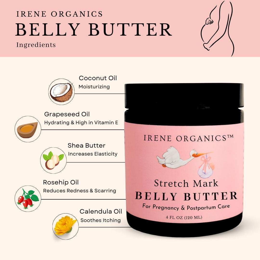 Irene Organics Irene Organics Organic Belly Butter for Pregnancy Stretch Mark Prevention and Treatment Award Winning Anti Stretch Mark Tummy Balm For Pregnancy and Postpartum 8oz - Hydrating Bump Cream