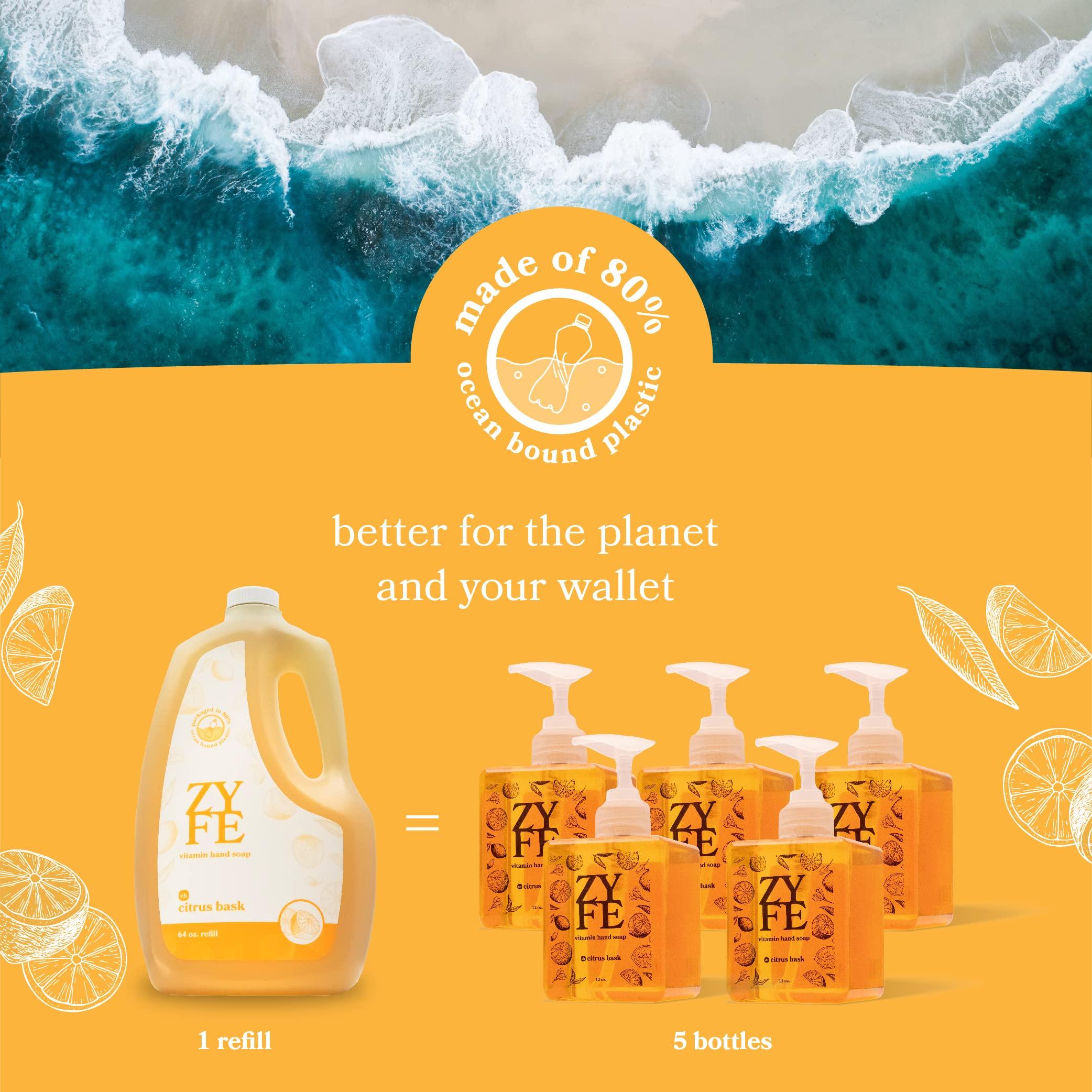 ZYFE ZYFE Eco Friendly Hand Soap Refills Family Pack - Pland Dervied Liquid Handsoap With 5x Vitamins - 2 12oz Pump Dispenser Bottles and 1 64oz Refill - Citrus