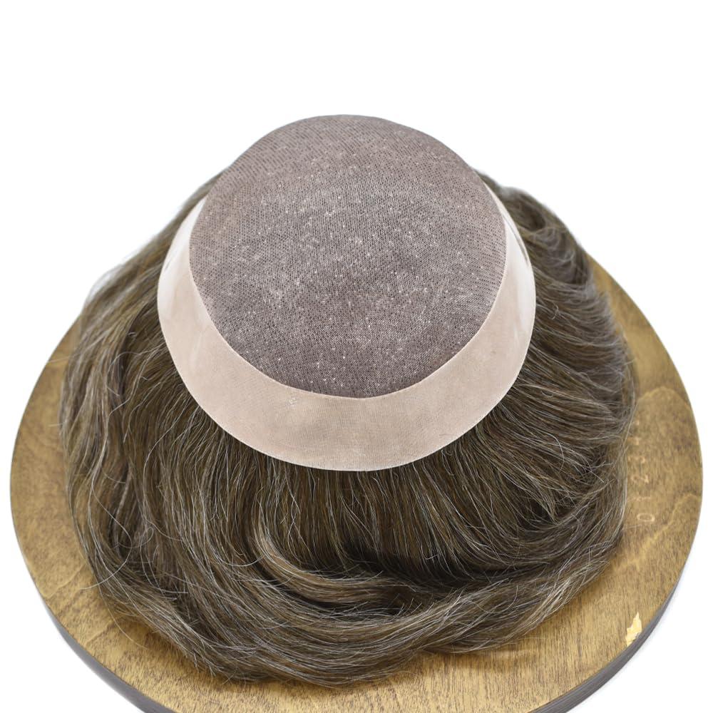 Hair Wonders Mens toupee hair replacement system for men hairpieces toupee for men real human hair pieces for men hair systems Protesis Capilar Para Hombre US Stock7x9-#440 4# MEDIUM BROWN+40% GREY