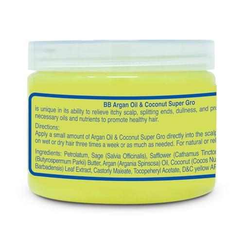 BB Bronner Bros BB Argan Oil & Coconut Super Gro - Hair Gel for Dry Itchy Scalp Treatment, Moisturizer, Reduces Dryness & Split-Ends - Made with Vitamin A, E, D, Sage, Argan Oil & Coconut Oil - 6 oz
