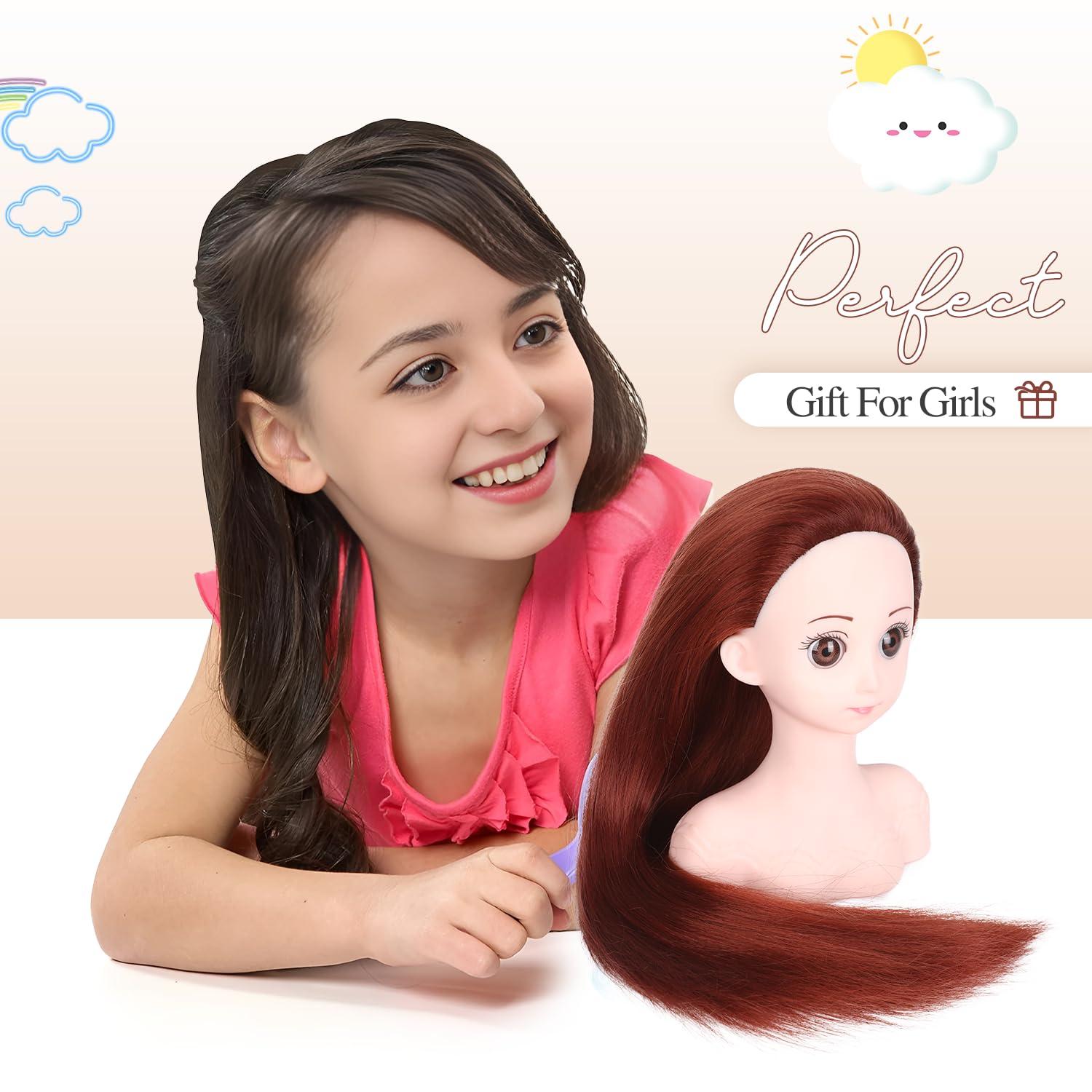 WIGER WIGER Red Hair Styling Doll for Girls Toy Mannequin Head with Hair for Children Cute Cosmetology Hairdressing Manikin Doll Braiding Training Practice Heads with Long Brown Straight Hair