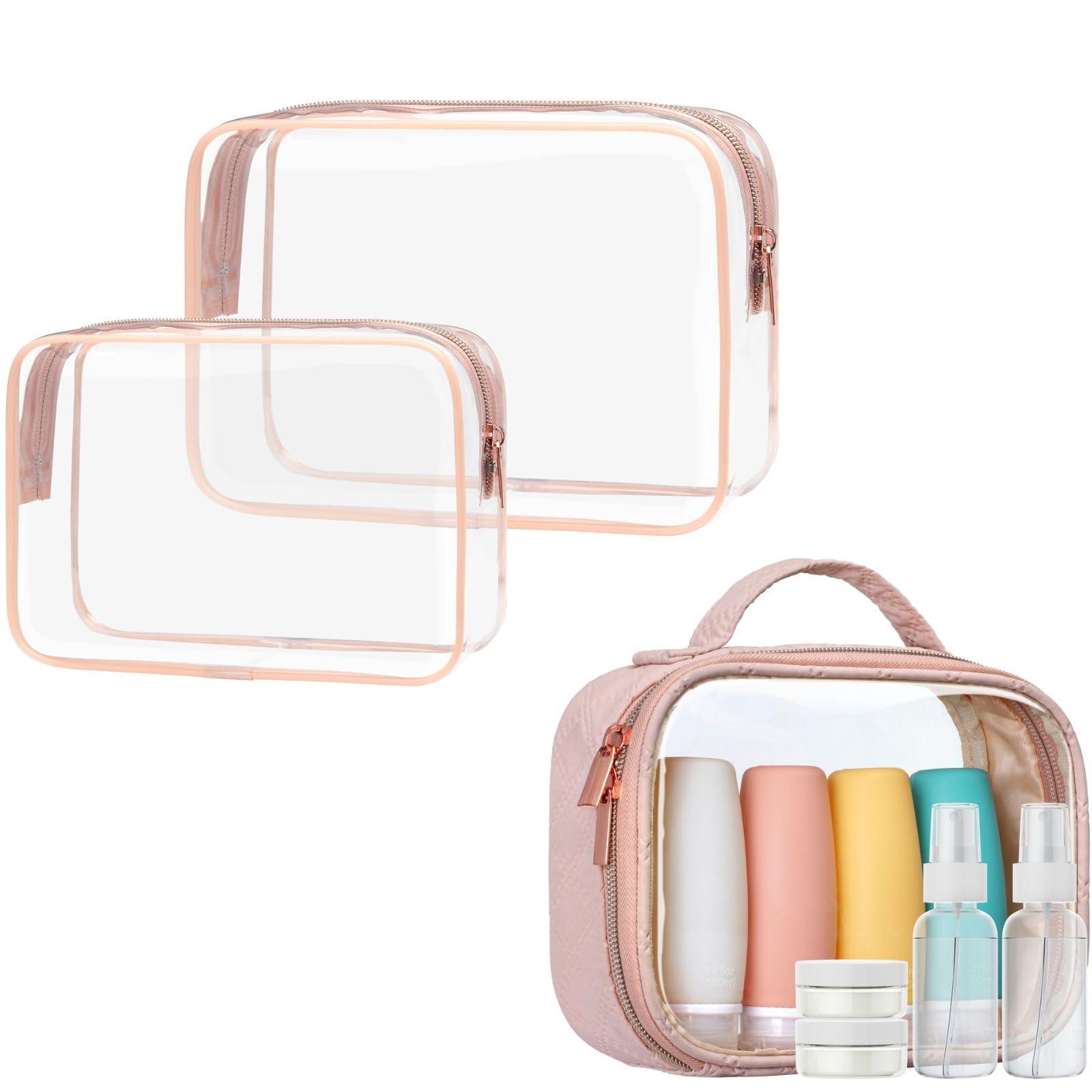 PACKISM PACKISM 2 Pack Rose Pink TSA Approved Toiletry Bag and 9 Pack Travel Bottles with Clear Makeup Bag for Toiletries, Bundle Sales