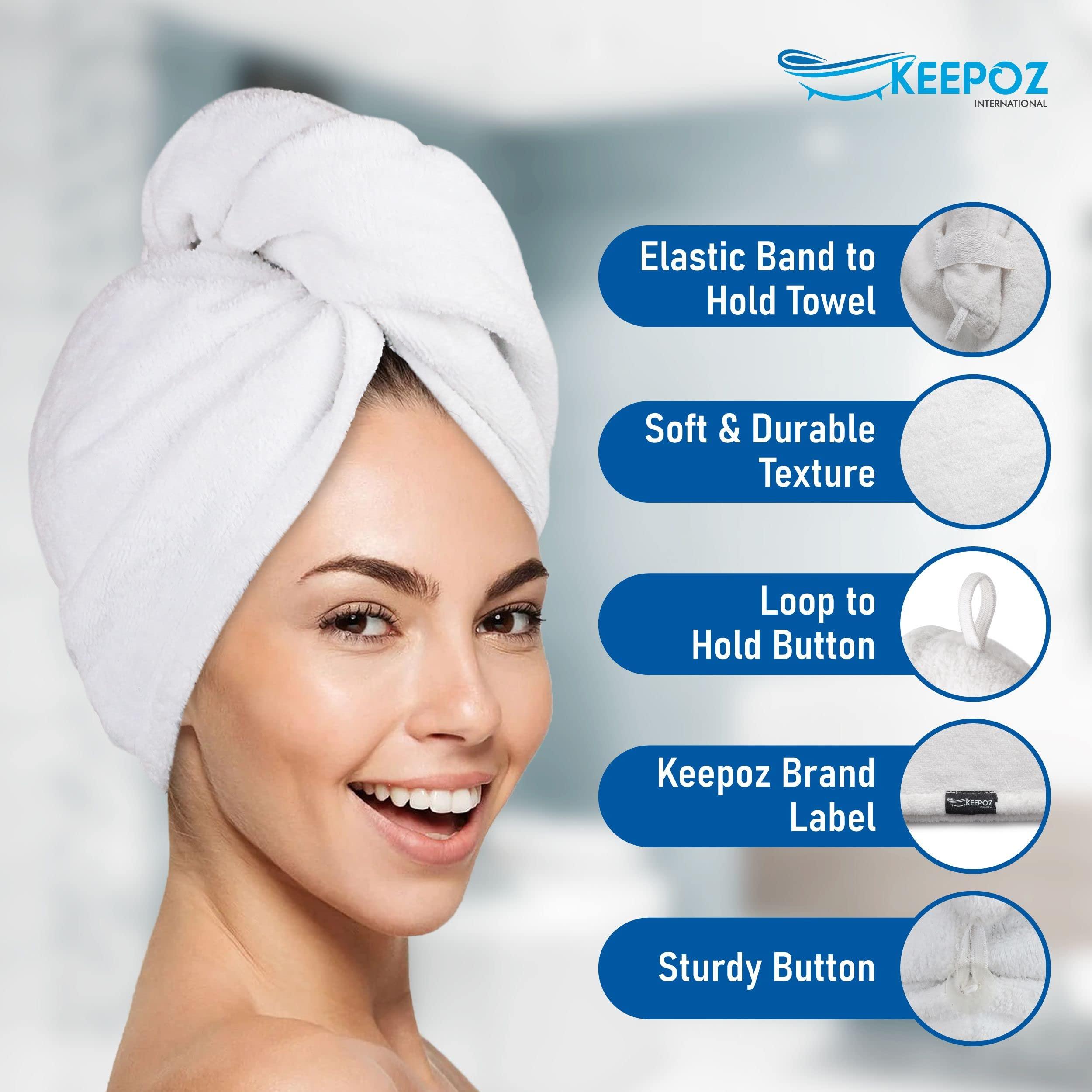 KEEPOZ KEEPOZ 100% Cotton Hair Towel Wrap Quick Dry Super Absorbent Turban Head Wrap for Women with Button, Anti Frizz, Hair Cap for Curly, Long & Thick Hair (White, 1 Pc)