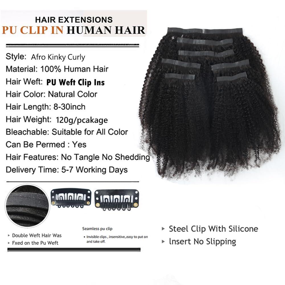 Kiss darling LASHES Afro Kinky Curly Seamless Clip In Human Hair Extensions for Women,PU Invisible Clip Ins Hair Extensions Real Human Hair 4B 4C Afro Curly Clip Ins 24\"inch