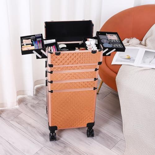 sheeroy sheeroy 4 in 1 Rolling Makeup Case, Cosmetic Train Case Trolley Traveling Make Up Cart with Key Swivel Wheels for Makeup Artist, Hairstylists, Nail Tech Stylist - Rose Gold