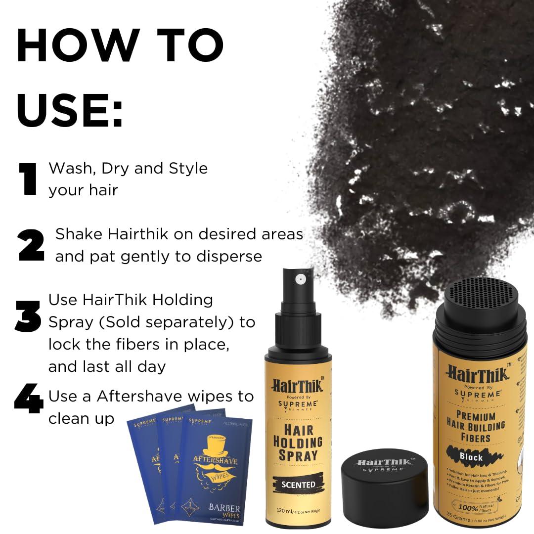 Supreme Trimmer Hair Building Fibers 8-in-1 Kit | includes 25G Keratin Fibers, Pump Nozzle, 2 Hairline Cards, S&L Shaker, Brush, Wipes, Mirror | Conceal Thicken Thinning Balding Hair | Men & Women (Black)