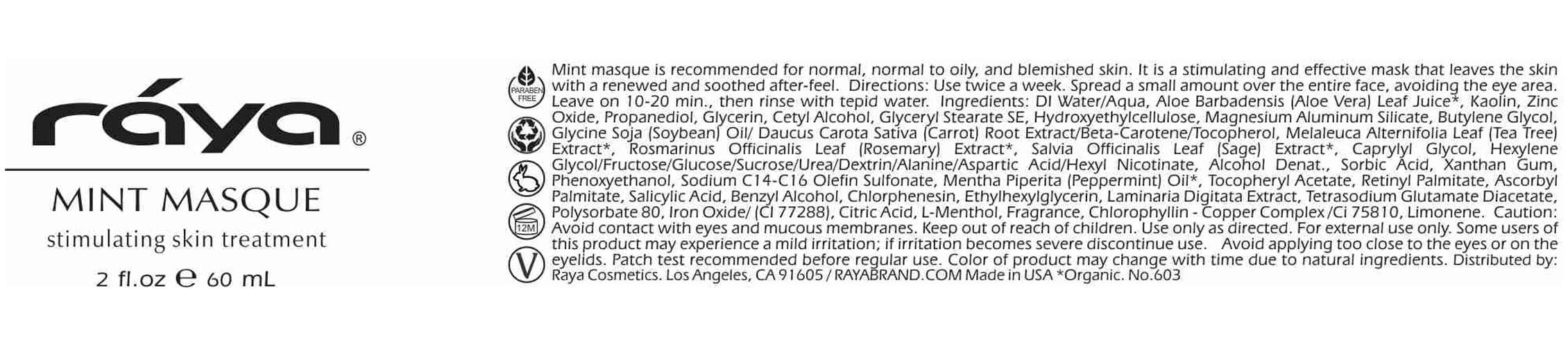 Raya Raya Mint Masque (603) | Cooling and Refreshing Facial Treatment Mask Combination for Oily and Break-Out Prone Skin, Moisturizing,Tightening Pores, Refining Complexion, Paraben-free - 60ml