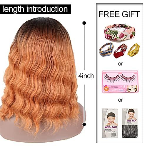 Oseti Oseti Short Wavy Bob Wig Headband Wigs for Black Women,Synthetic Curly Wavy Wigs with Headband Attached Black Hair Wig Headwrap Wigs 2in1 Natural Womens Wigs 14inch Medium Length Wig… (Ombre Ginger)