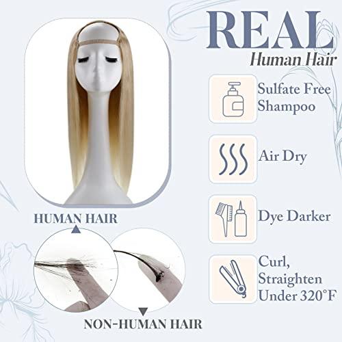 RUNATURE RUNATURE U Part Wig Human Hair Straight U Wigs Human Hair U Part Golden Blonde with Light Blonde Half Head Wig Natural Hair 14 Inch 120 Gram Short U Part Human Hair Wig Silky