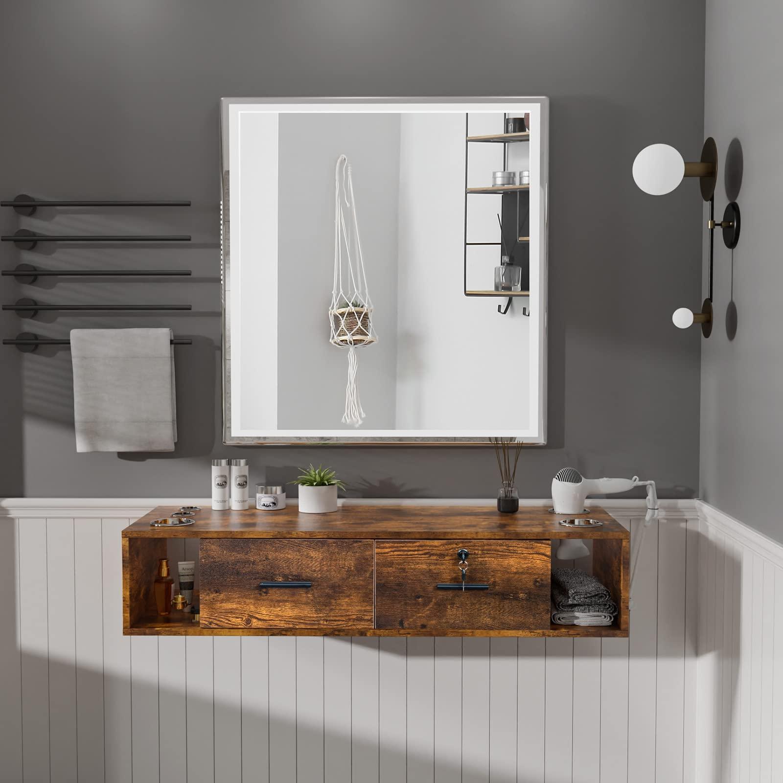 Leadzm Leadzm Wall Mount Styling Station for Hair Stylist,Beauty Barber Spa Equipment,Salon Cabinet Station with Locking Drawers,Bathroom Dresser with 5 Hair Dryer Holders, Rustic Brown