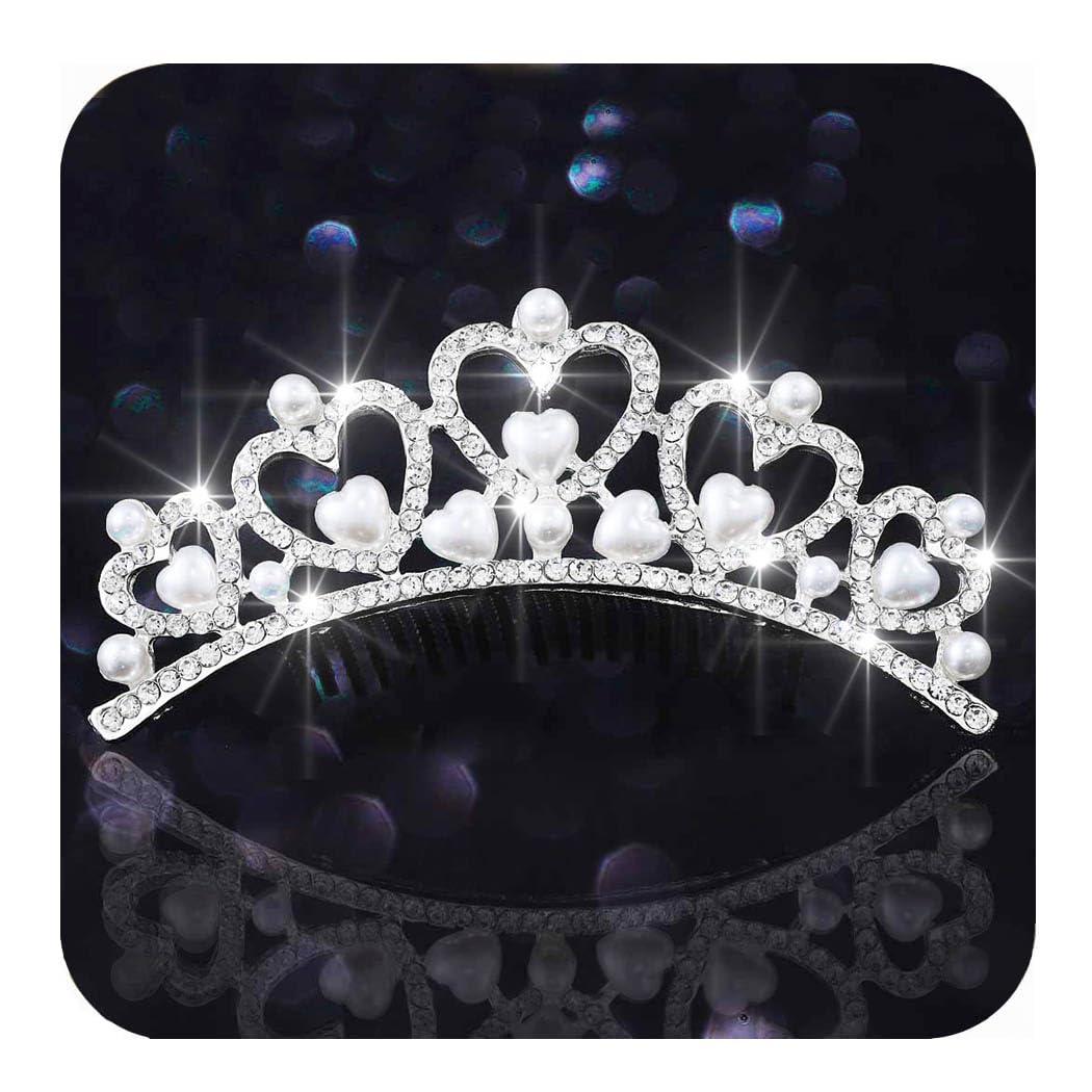 Kilshye Kilshye Princess Tiara Comb Pearl Heart Crown Combs Silver Rhinestones Hair Piece Bride Costume Hair Accessories for Women and Girls
