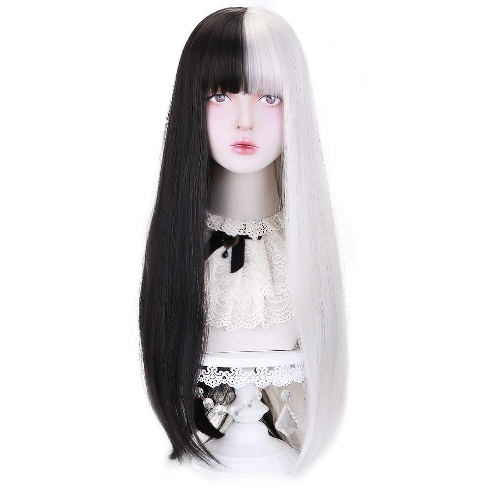 Styler Styler Half Black Half White Wig with Bangs, Long Straight Anime Cosplay Wig for Women, Heat Resistant Synthetic Halloween Hair Wigs