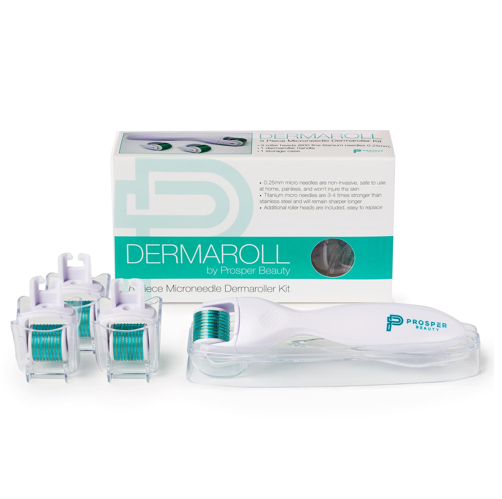 Prosper Beauty Derma Roller Microneedle 6 Piece Kit [DERMAROLL by Prosper Beauty] Face Roller with 4 Replaceable Heads Exfoliation Microdermabrasion Micro Derma Skin Care Tool Dermaplaning Microneedling