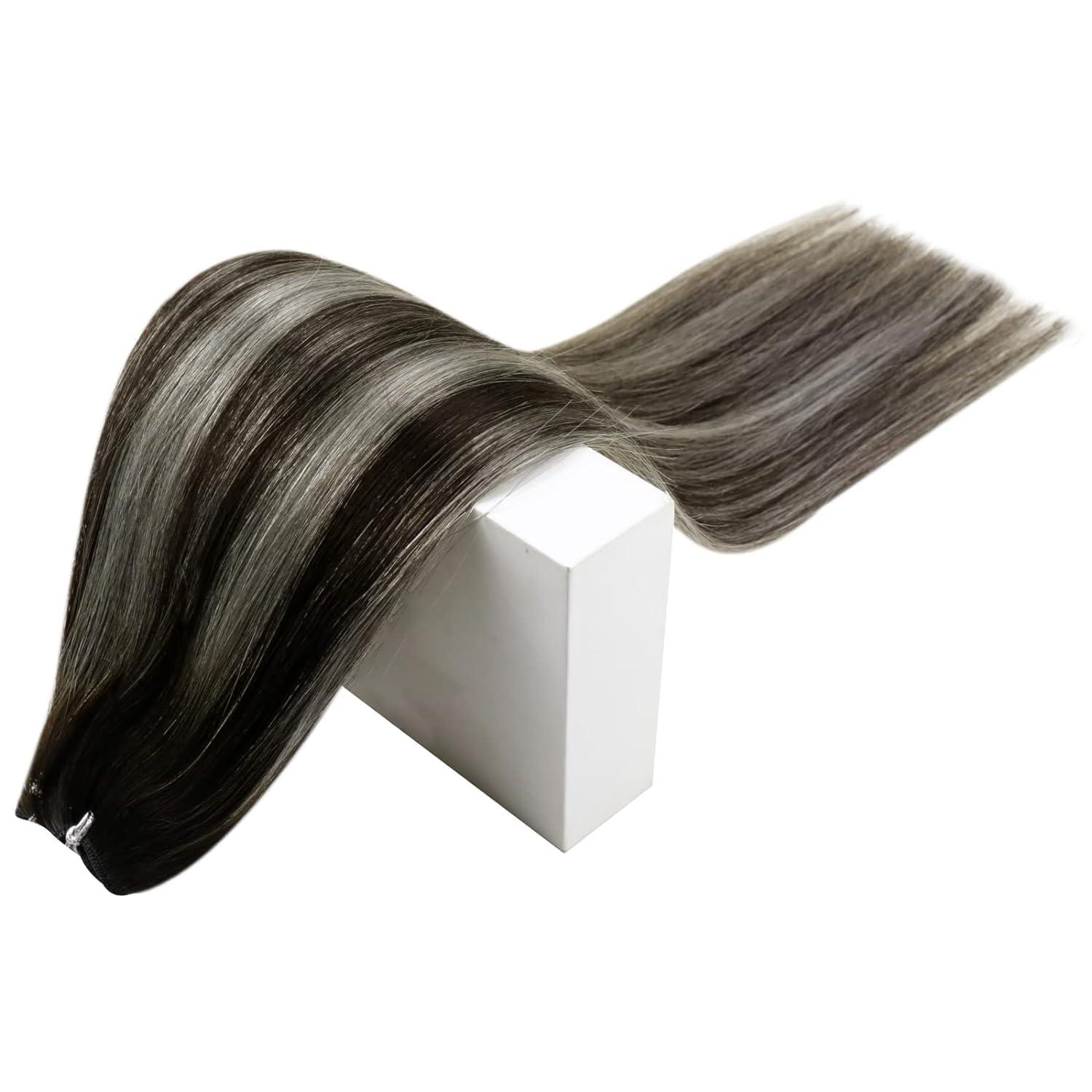 RUNATURE RUNATURE Human Hair Weft Extensions Ombre Black Weft Hair Extensions Human Hair Black to Silver Mix Black Sew in Hair Extensions Real Human Hair Weft Straight Weft Hair Extensions 12 Inch 70g