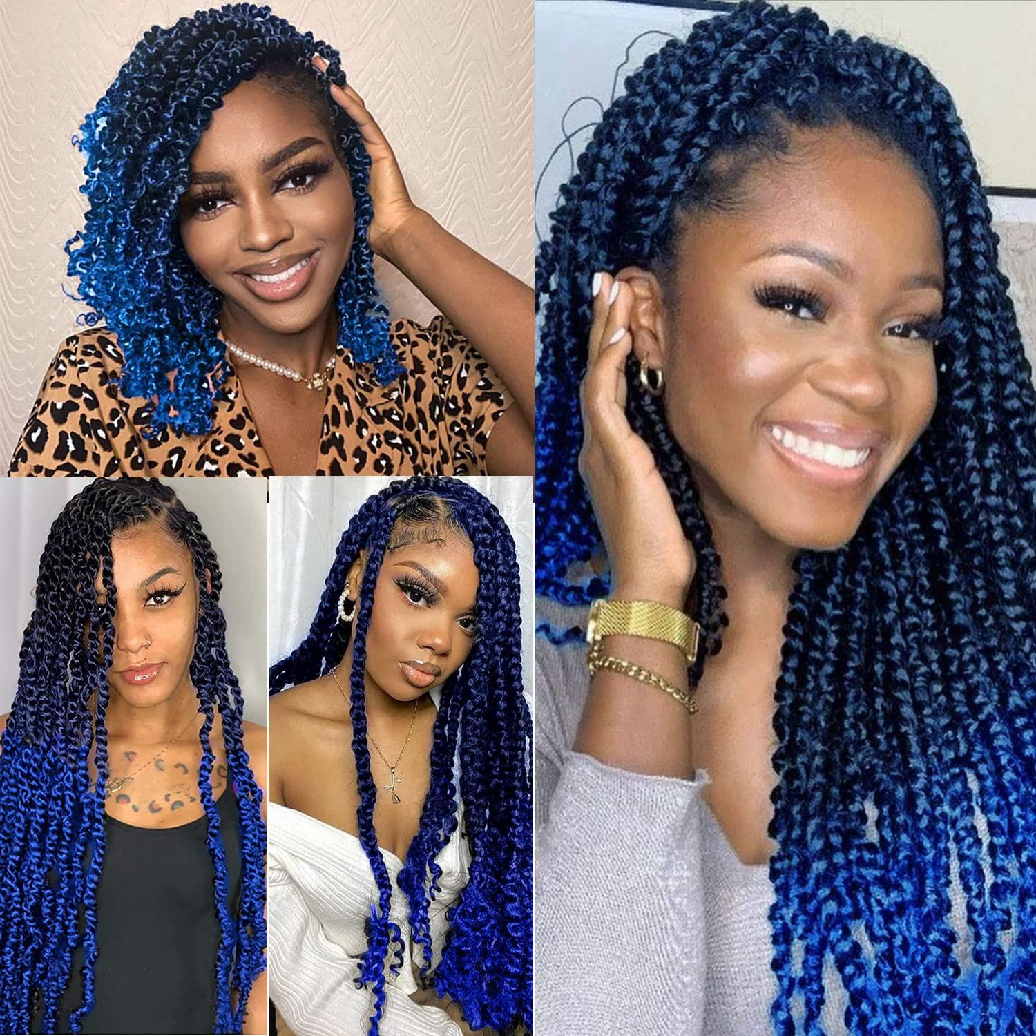 Ubeleco 14 Inch Ombre Blue Passion Twist Hair, Water Wave Crochet Hair For Women Passion Twist Crochet Hair 22 Strands/Pack Bohemian Synthetic Curly Braiding Hair Extensions (14 Inch (Pack of 7),1B/Blue)