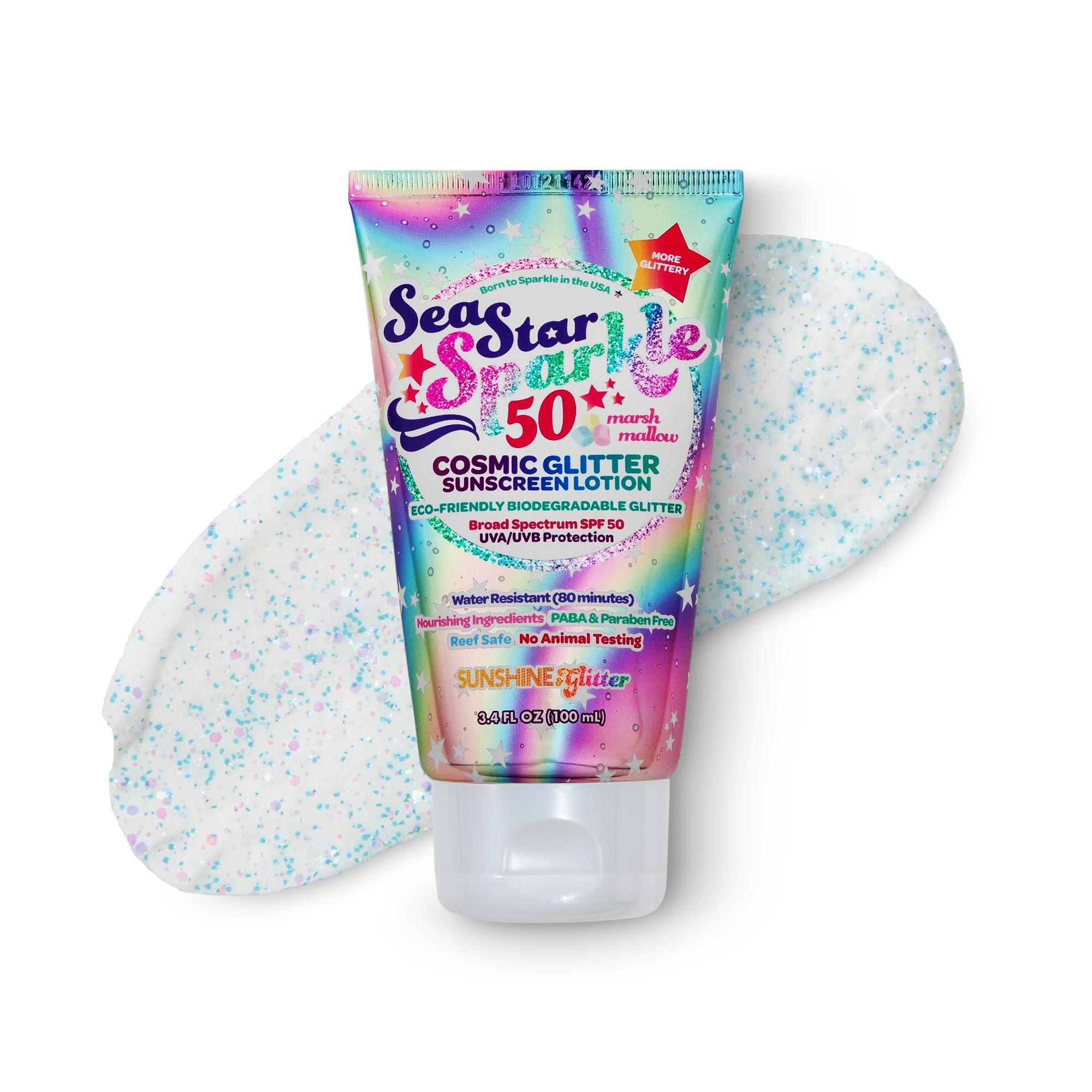 Sunshine & Glitter Seastar Sparkle - Cosmic Marshmallow Scented Glitter Sunscreen Lotion - SPF 50 - Biodegradable Sunscreen, Kids, Water Resistant, Glitter lotion, Cruelty Free, Kids Lotion, Made in USA, 3.4oz