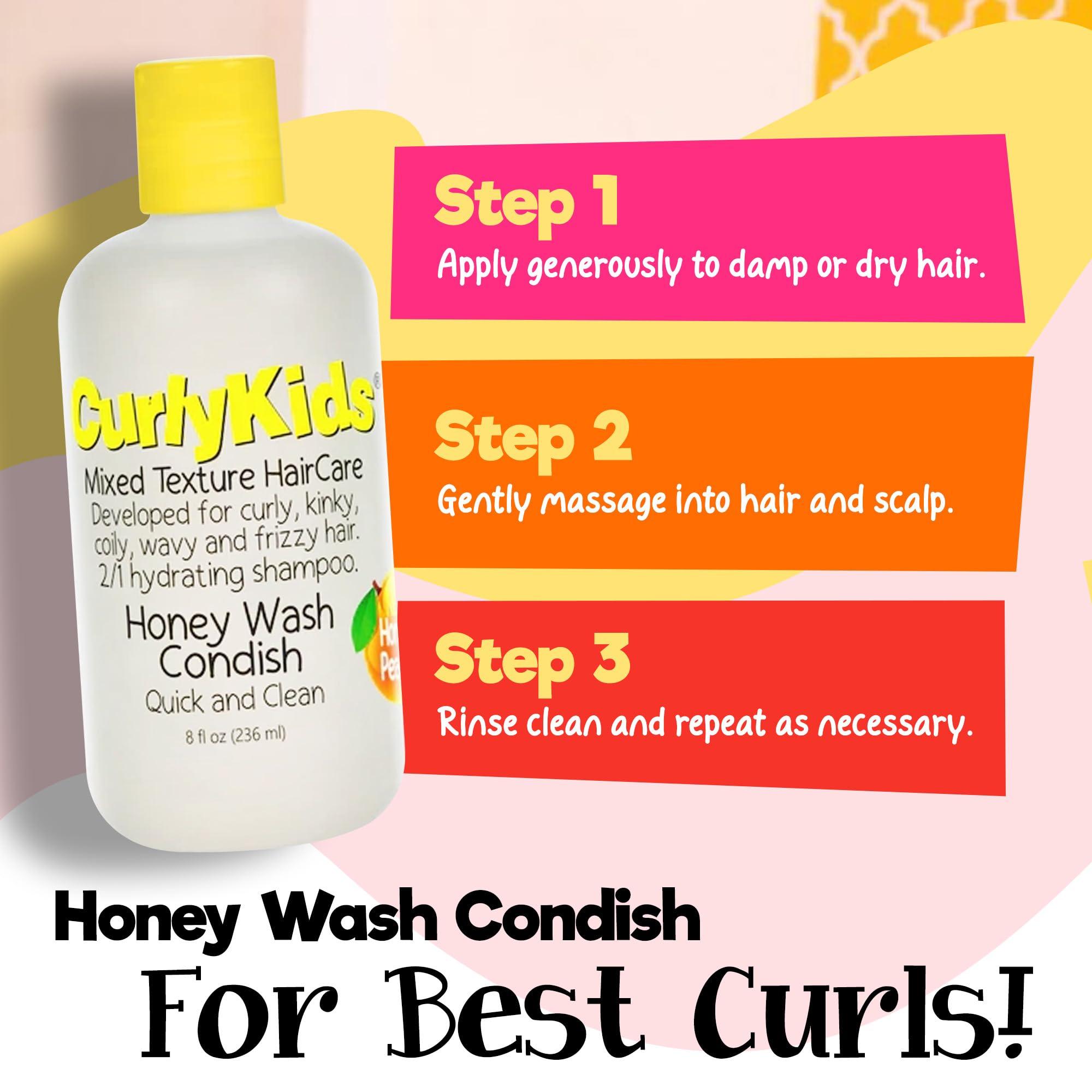 CurlyKids CurlyKids Honey Wash Condish 2-in-1 Hydrating Shampoo & Conditioner for Kids Sulfate-Free Kids Hair Care for Curly, Kinky, Coily & Wavy Hair Moisturizing & Detangling Curl Shampoo, 8oz (Pack of 3)