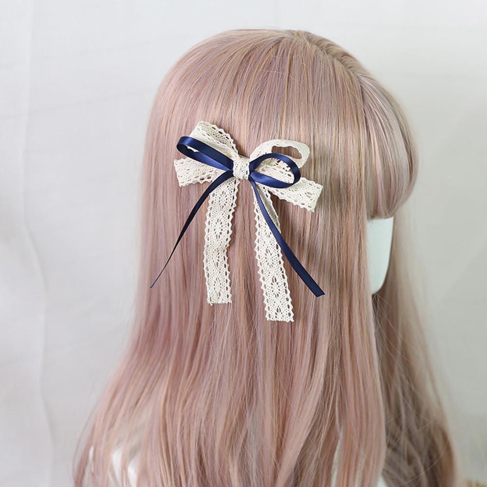 TEDPRBGE Lace Bow Hair Clips Satin Hair Ribbon Bows Clips Flowers Pearls Ribbon Hair Accessories Slides Metal Clips for Women (1, Deep Blue E)