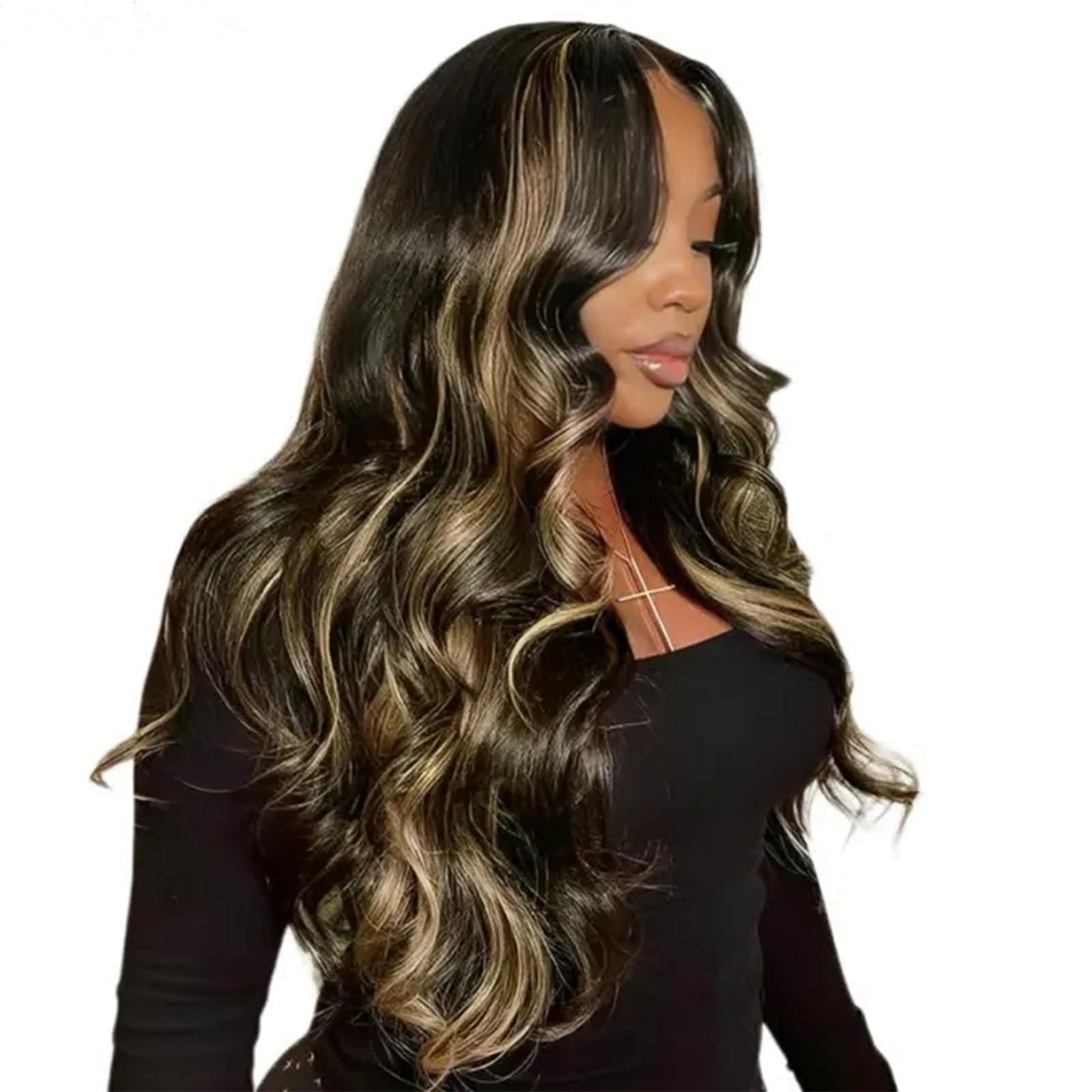 TESLAL TESLAL Balayage Wear and Go Glueless Wig Pre Cut HD Lace 6X6 Lace Wig 26 Inch 260% Density 1B/27 Highlight Body Wave Human Hair Blend Premium Fiber Wigs By Crafted Technology
