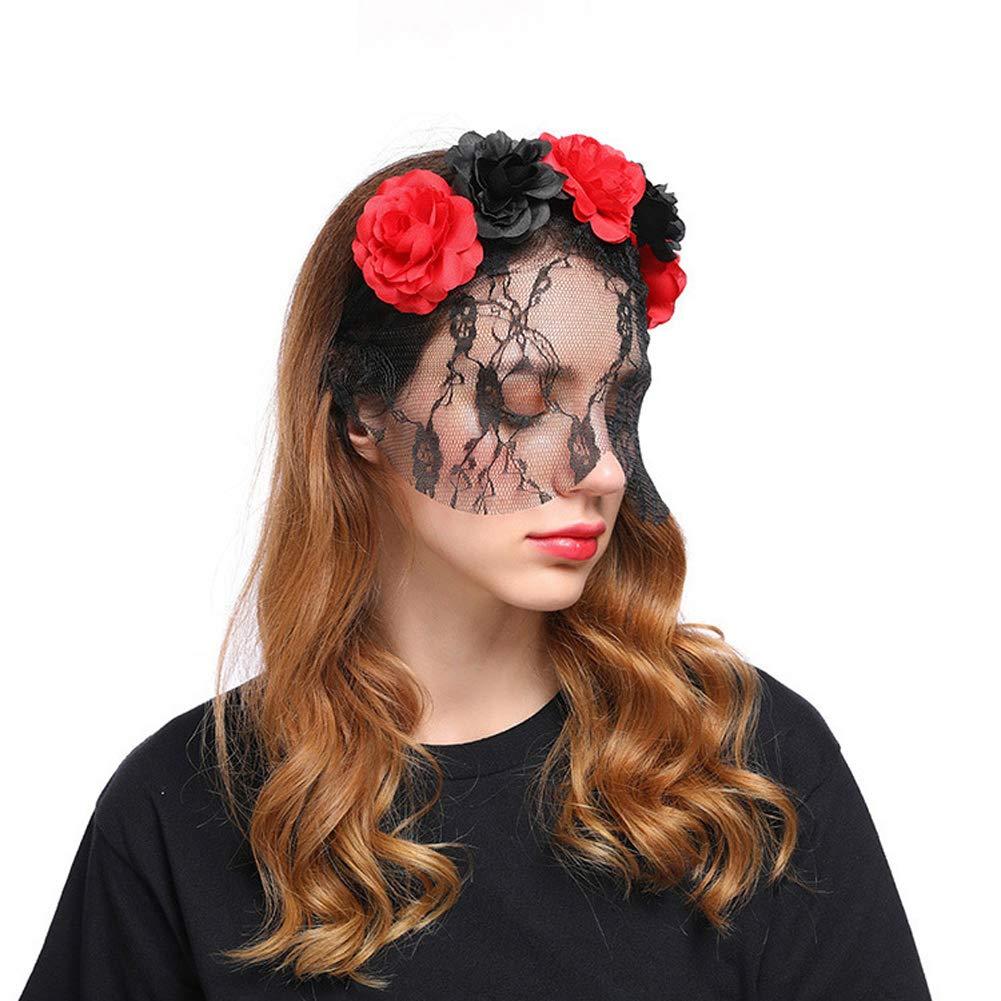 Ealafee Red Lace Headband Bunny Ear Hair Band for Wedding Cosplay Masquerade Party Masks