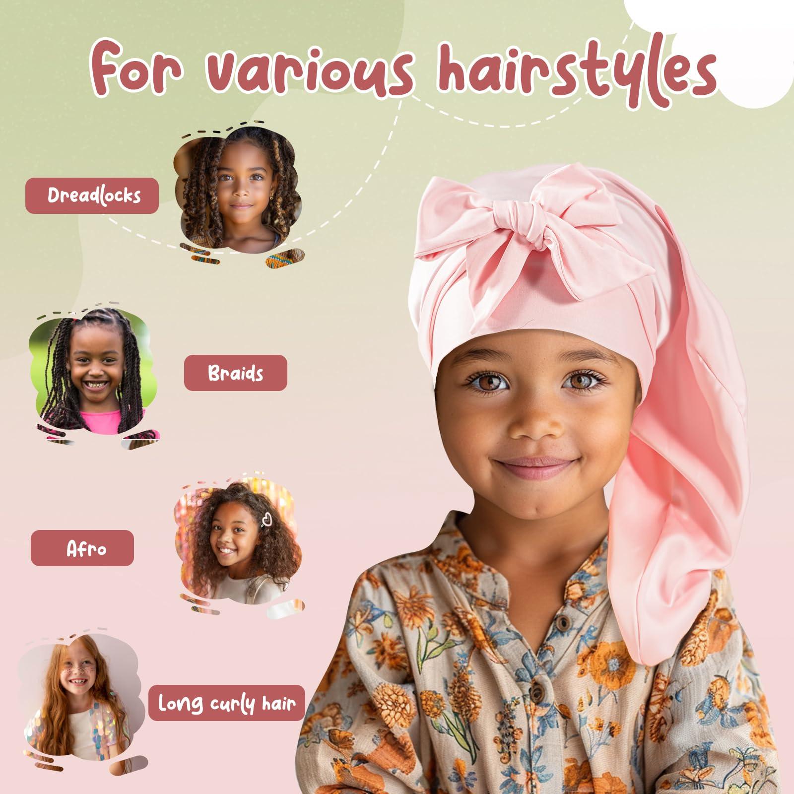 Lolalet Lolalet Kids Bonnets for Girls, Long Silk Bonnet for Sleeping Kids Satin Bonnet Cap with Tie Band for Dreadlocks Braid Afro Curly Hair -2 PCS, Green & Pink