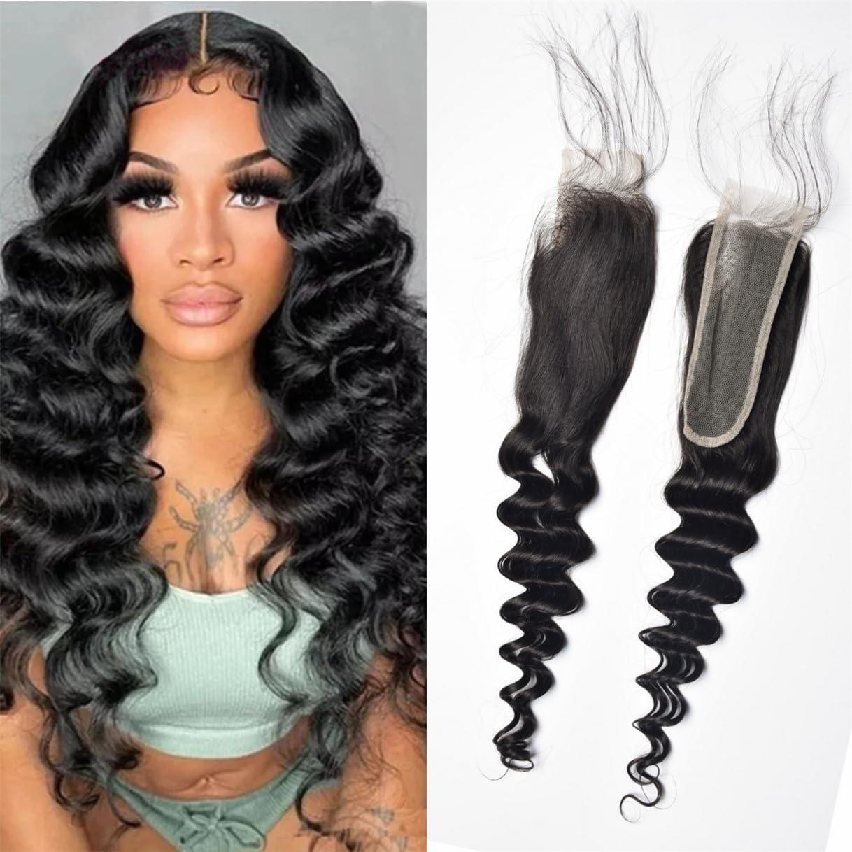 rewcoin Brazilian Loose Deep 2x6 Lace Closure 100% Unprocessed Human Virgin Hair Pre Plucked Loose Deep Wave Pre-Plucked Hairline Frontal Closure Natural Black With Baby Hair (10inch, 2x6 loose deep closure)