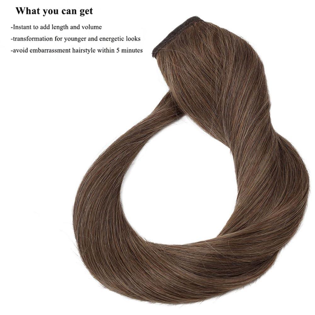 Kiss darling LASHES Long Straight Ponytail Extension 24 Inch Wrap Around Medium Black Ponytail Human Hair Magic Paste with 2 Clips in Hairpiece for Women 200g, 4 Chocolate Brown