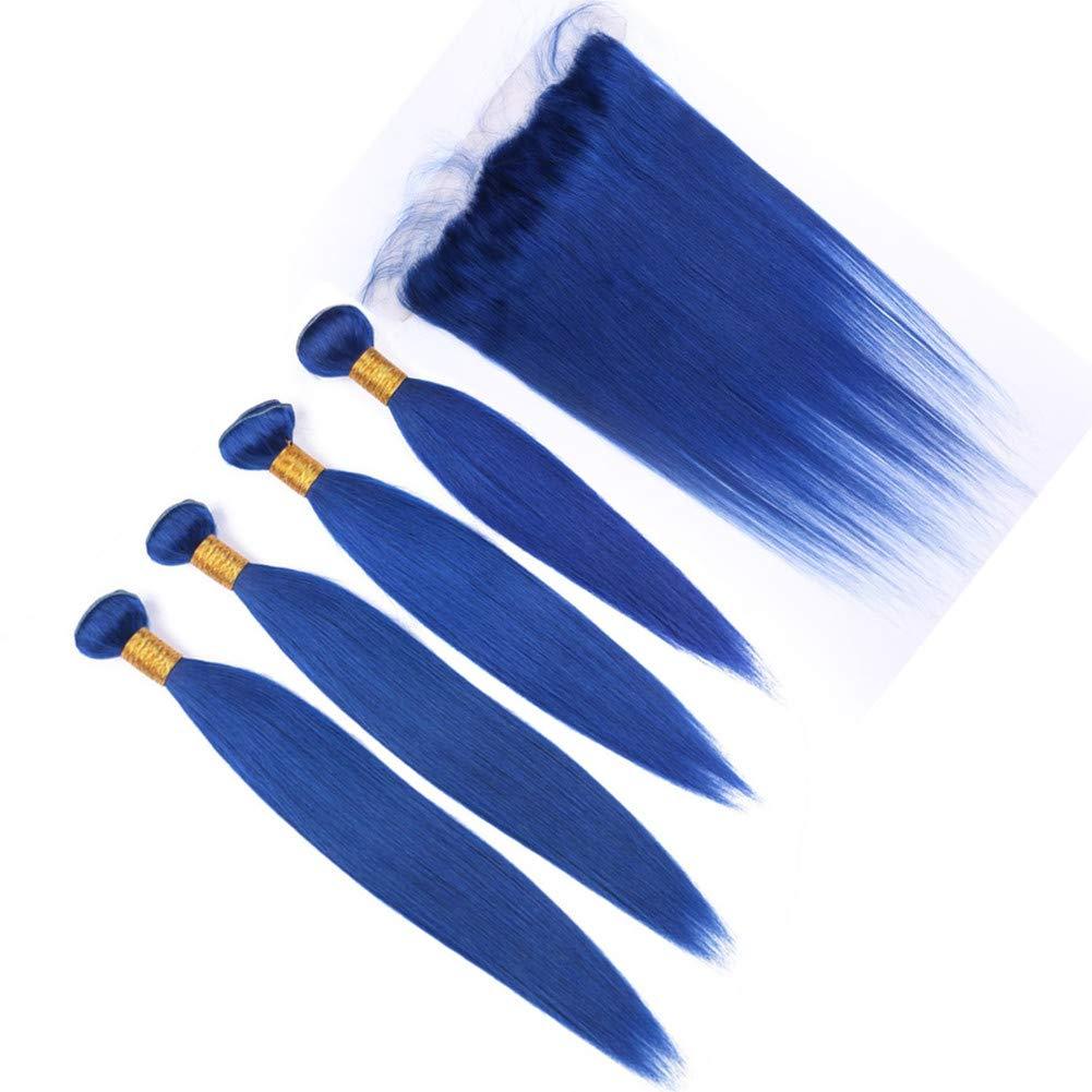 Tony beauty hair Tony Beauty Hair Dark Blue Human Hair 4 Bundles Deals with Frontal Lace Closure Peruvian Straight Weaves Blue Color Virgin Hair Extensions with Full Lace Closure 13x4" Ear to Ear (24 26 28 30 with 22)