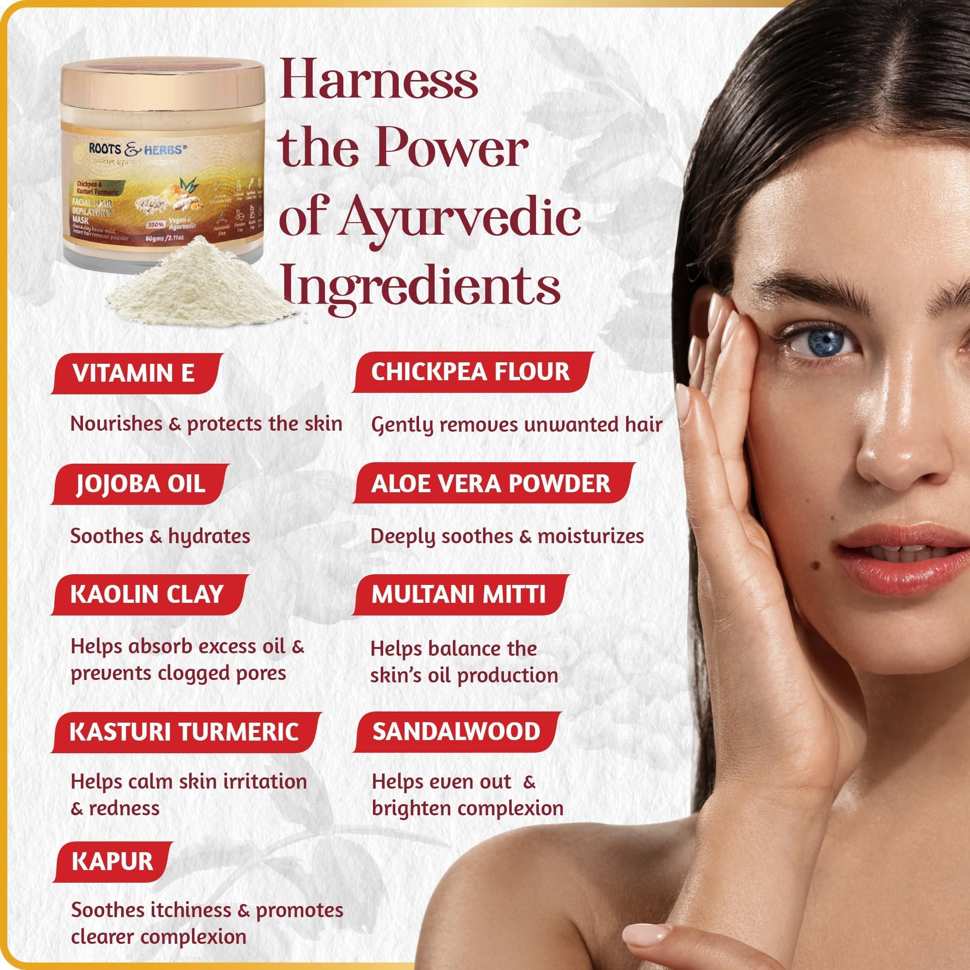 ROOTS AND HERBS Chickpea & Kasturi Turmeric Facial Hair Removal Powder - For Men & Women, Chin, Jawline & Upper Lips - Depilatory Mask with Ayurvedic Herbs - Roots & Herbs, 2.11oz