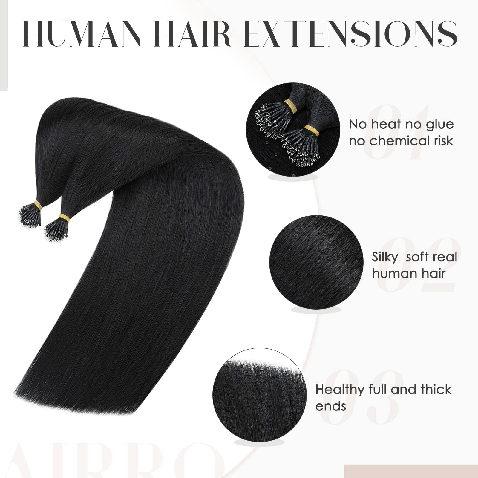Hairro Hairro Nano Beaded Human Hair Extensions Pre Bonded Cold Fushion Nano Bead Nano Ring Keratin Tip Remy Hair Extensions For Women 24inch 50g/PACK 50 Strands #01 Natural Black