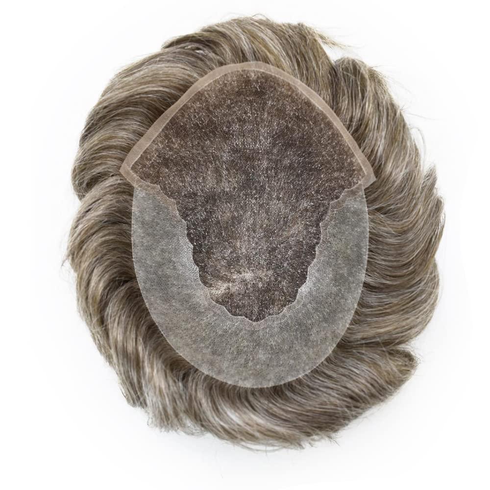 Generic Toupee for Men Hairpiece Human Hair Replacement Systems French Lace Front Mens Toupee Bleached Knots Natural Hairline Swiss lace Hair Systems for Men Grey Black Brown Blone Male Wig Unit(8X10\"-100% density#640 Light Brown with 40% Gray )