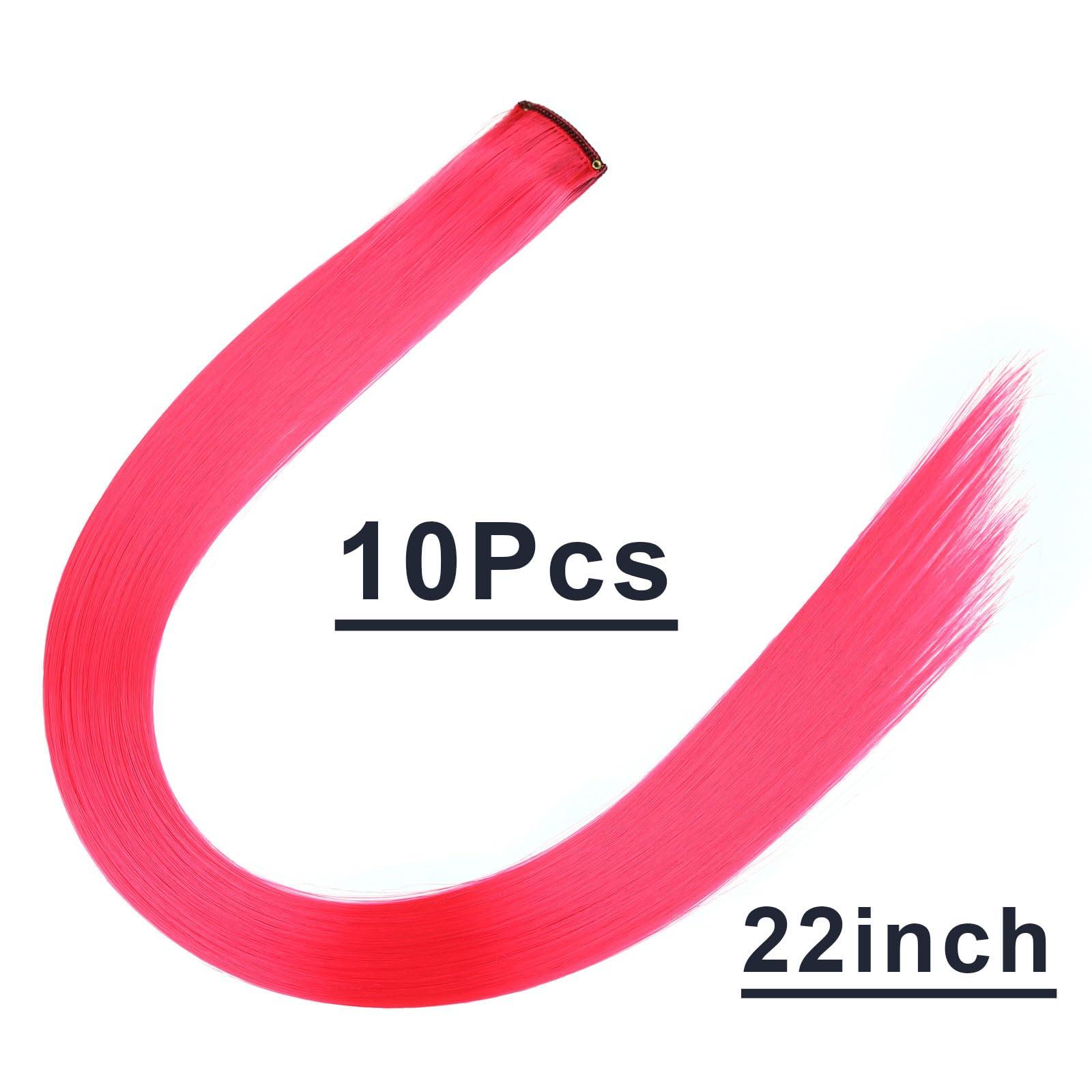 NOTICEME Clip In Hot Pink Hair Extensions for Women Girls Kids, Colored Hair Extensions, 10pcs, 22in, Synthetic Fibre