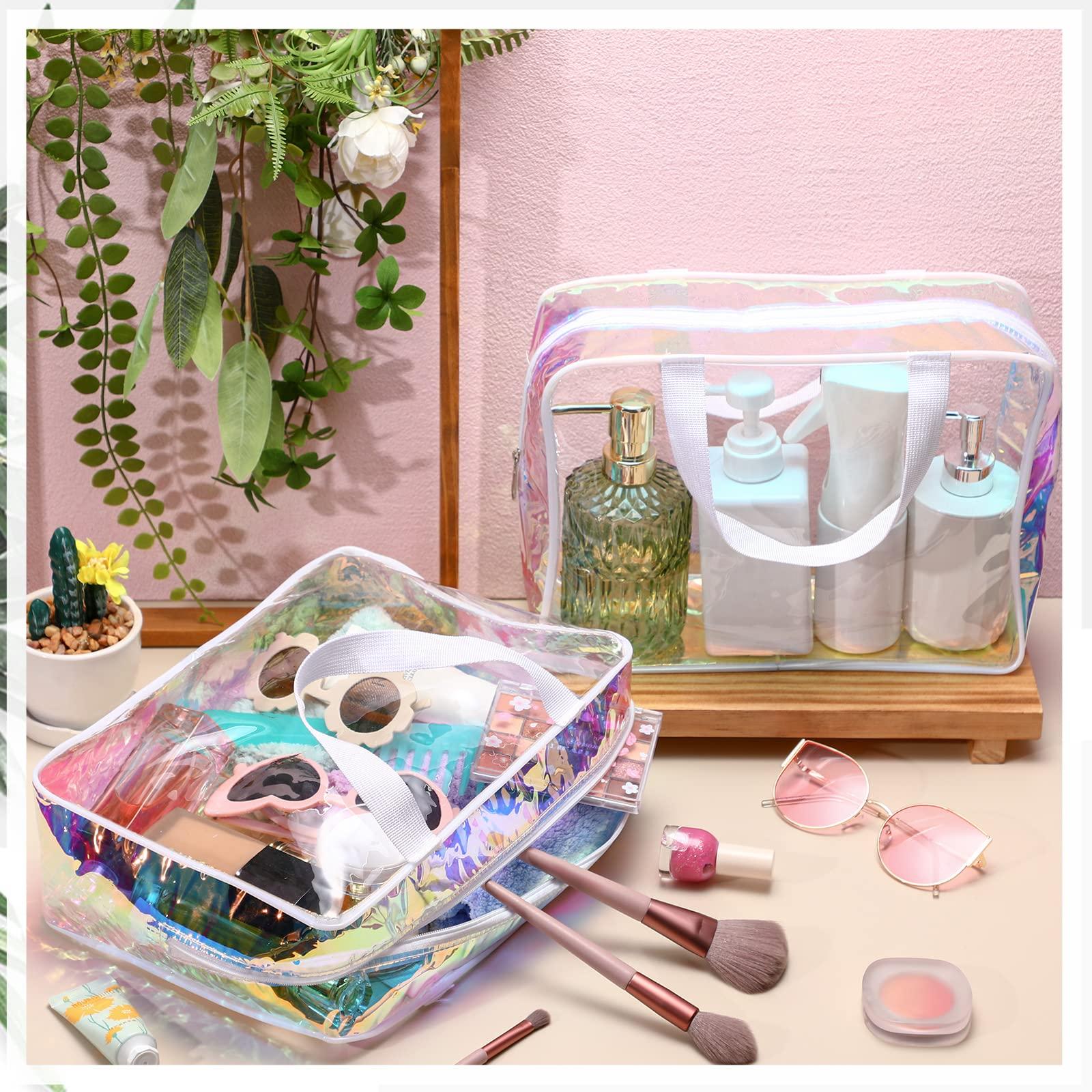 Sweetude Sweetude 10 Pcs Large Clear Toiletry Bag Large Capacity Travel Makeup Bag PVC Clear Plastic Tote Bag Iridescent Cosmetic Bag Cosmetic Clothes Organizer Bag for Women Men