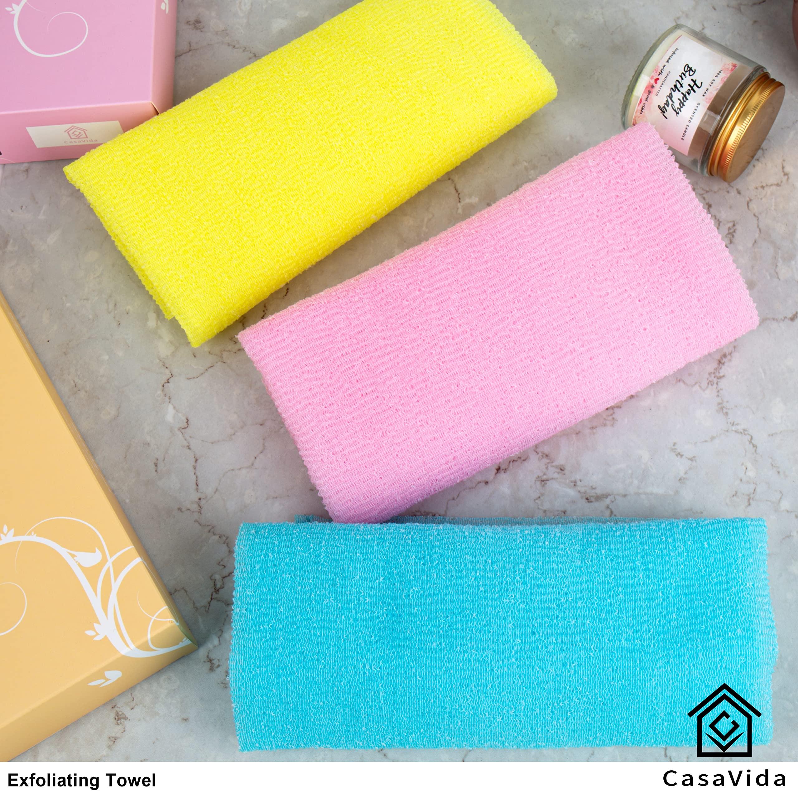 CASAVIDA CasaVida Exfoliating Washcloth Back Scrubber for Shower Exfoliating Body Scrubber Japanese Beauty Washcloth African Net Sponge Bath Korean Loofah Towel Wash Cloth Scrub Towel 3 Pack (Yellow x 3)