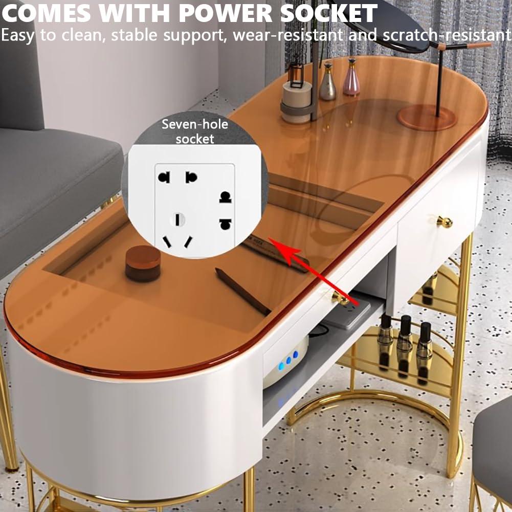 BOYITES BOYITES Freestanding Tempered Glass Manicure Table, Modern Art Nail Tech Workstation, Professional Manicure Shop Equipment, Nail Table with Storage Legs, Assembled Manicure Booth,140cm