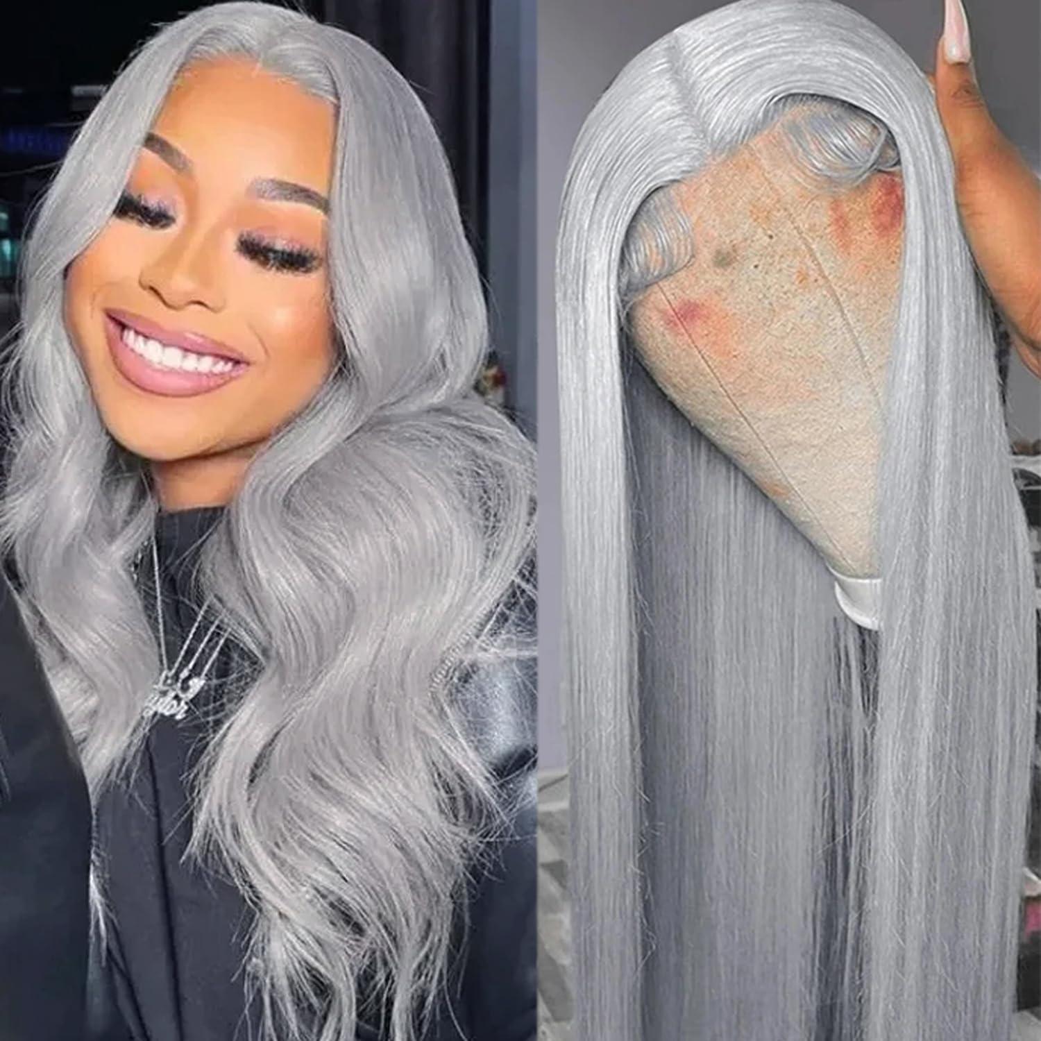 Benafee Grey Lace Front Wigs Human Hair 13x4 HD Transparent Lace Front Wigs for Black Women 32 Inch Gray Color Straight Human Hair Lace Frontal Wigs Pre Plucked with Baby Hair True 180% Density Glueless Wig