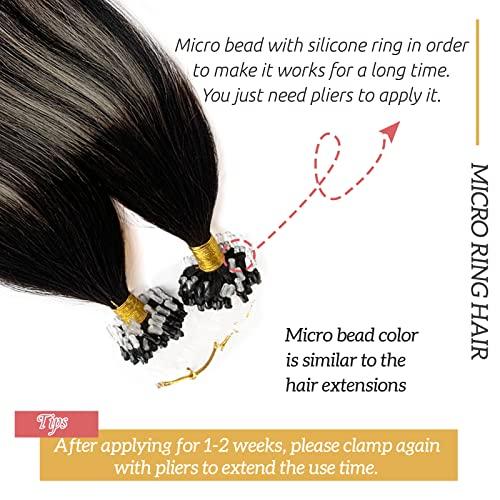 Smavida Ombre Black Hair Extensions Micro Loop Human Hair,Balayage Ombre Off Black to Grey Silver Remy Human Hair Extensions Ombre Long Straight Micro Ring Hair Extensions for Women 50g 1g/strand