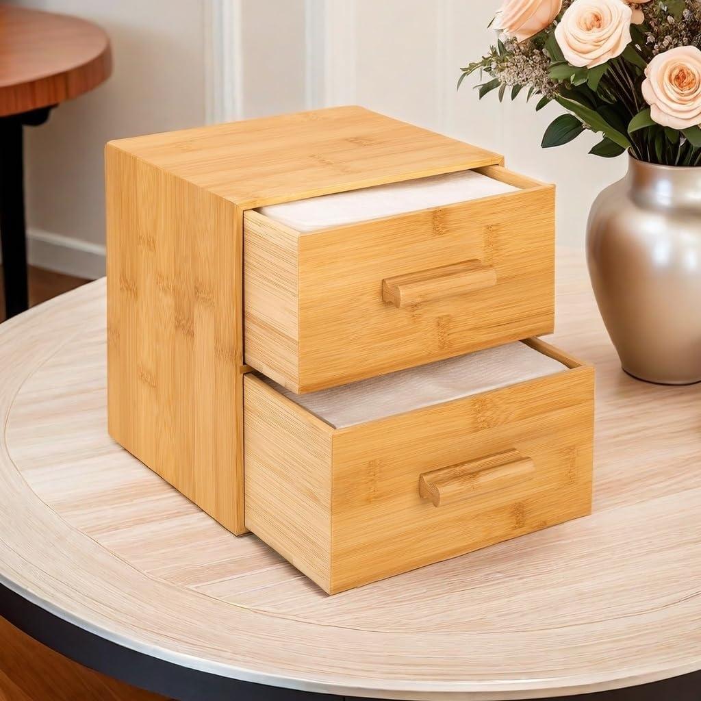 Chokoter Bamboo Box with Makeup Remover Wipes, 50 PCS XL Disposable Face Towels, Wash Cloths for Your Face and Body, Double-drawer Bamboo Container for Face Towelettes (Bamboo Container, 50 Face Cloths)